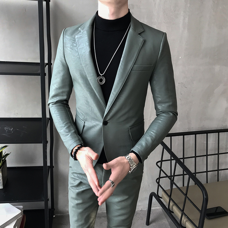 2018 2 Piece Autumn Mens Singer PU Leather Suits Coat and Pants Unique Designer Red Men Suits For Wedding Groom Slim Luxury Suit