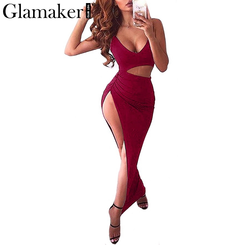 

Glamaker Irregular hollow out sexy dress Women v neck split party long dress Winter autumn fitness bodycon strap maxi 2018, Black