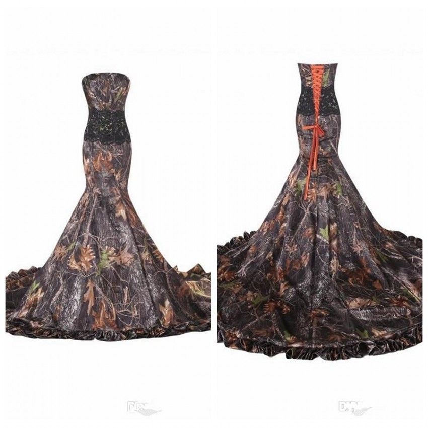

Fashion mermaid Realtree Camo Wedding Dresses 2018 Vestidos de Novia Sweetheart Hi Lo Ruffles back Corset Elegant orange Bridal Gowns, Same as image