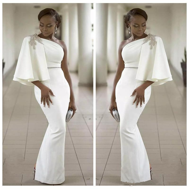 2018 Aso Ebi White Prom Dresses One Shoulder Appliques Beads Mermaid Evening Gowns Long Satin Formal Black Girls Party Dress