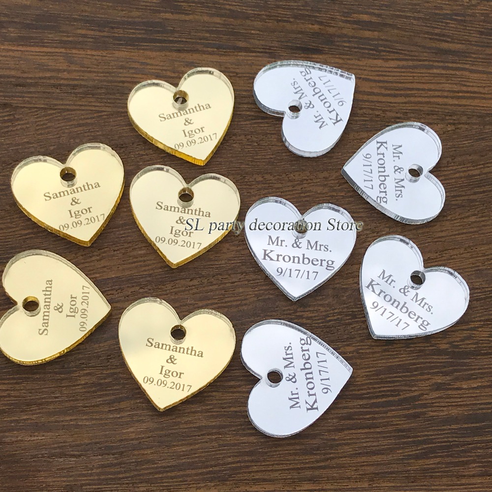 

50/100pcs Personalized Mr & Mrs Mirror Love Heart Wedding Favors Table Decorations 25mm with hole in center