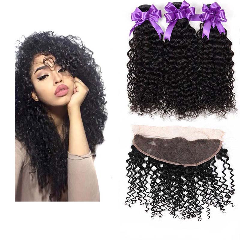 

13x4 Lace Frontal with Bundles Peruvian Kinky Curly Virgin Human Hair Weave Frontal Closure and Wefts Unprocessed Natural Black Color, Natural color