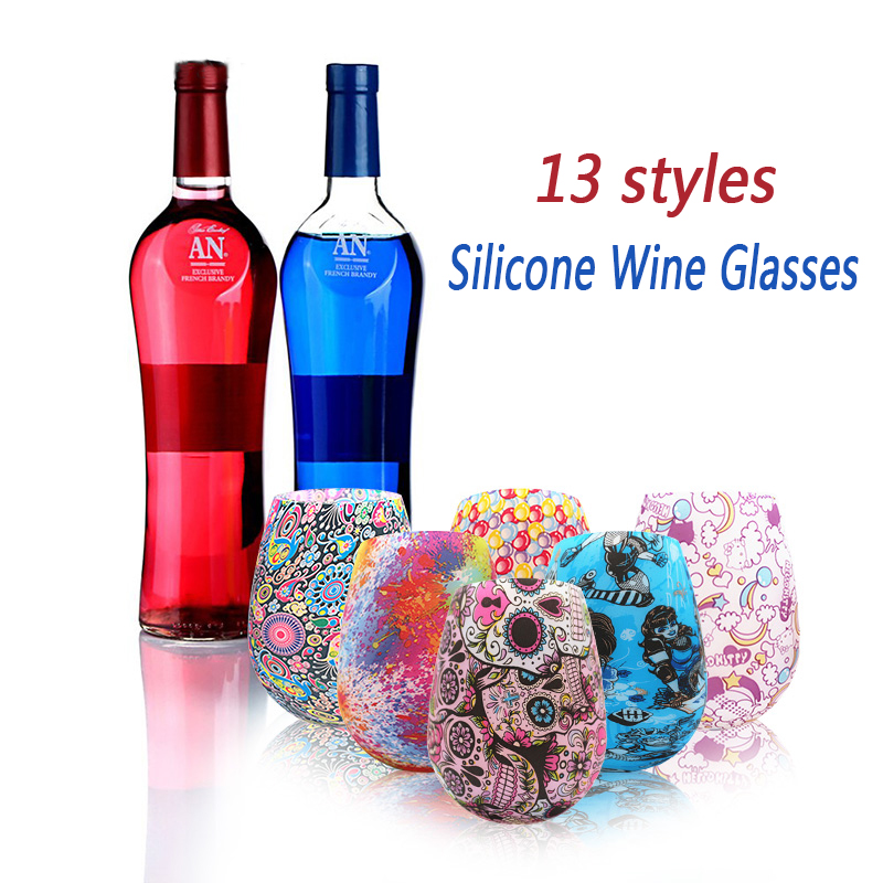 Silicone Wine Glass Flexible Portable Glasses Silicone Dishwasher Safe Stemless Wine Glass Pink Pattern Silicone Wine Cups Foldable Beer Glasses Unbreakable Glasses