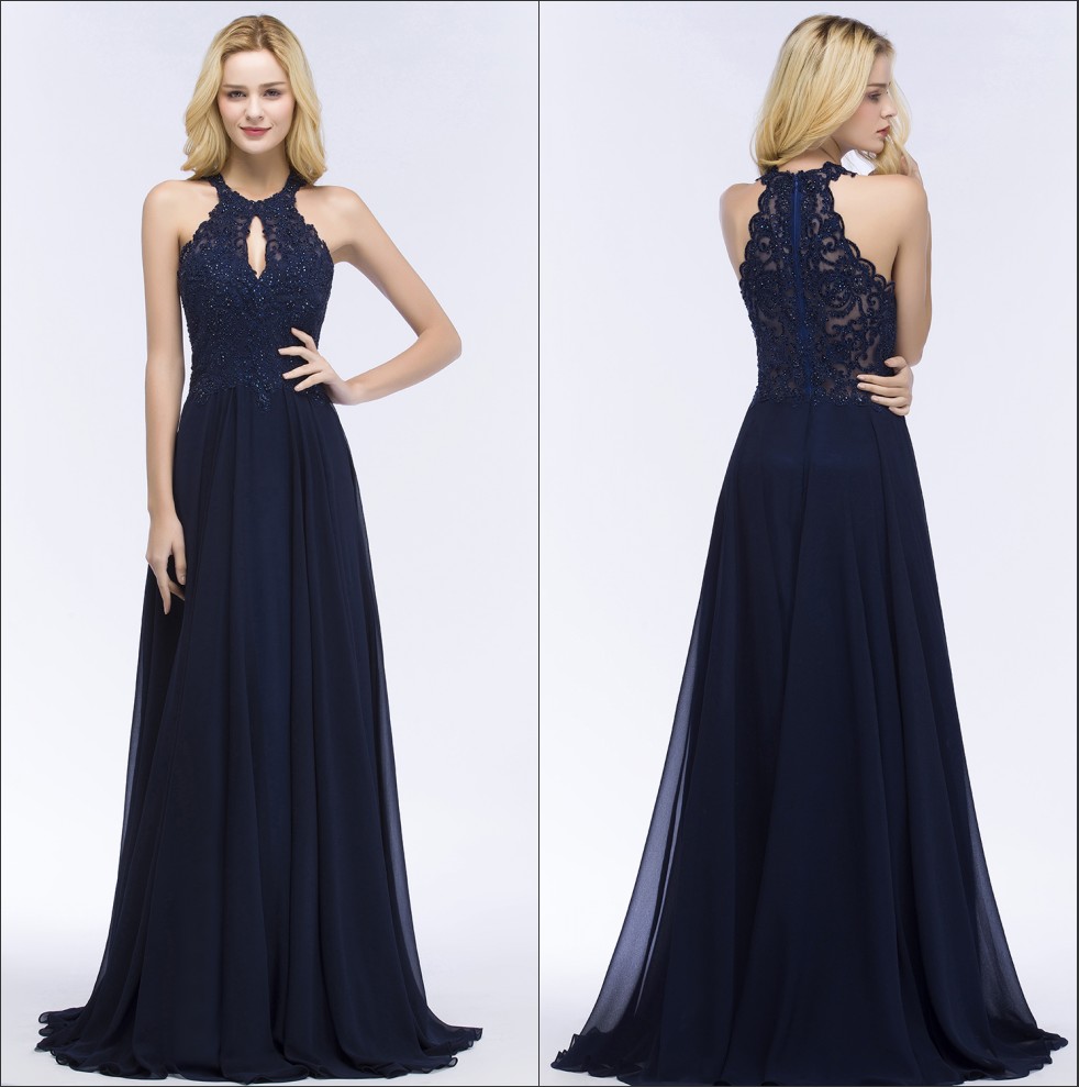 

2018 Navy Blue Halter Chiffon Long Prom Dresses Lace Applique Beaded Top Floor Length Formal Party Evening Dresses Cps866, Same as image