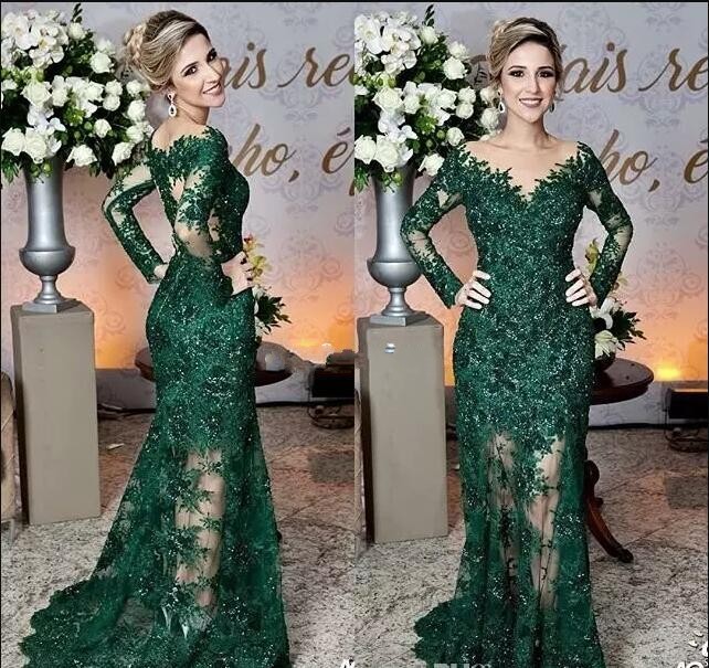 

2018 Newest sexy Dark Green Mother of The Bride Dresses Sheer v Neck Lace Appliques Long Sleeves Mermaid Formal Evening Prom Dresses