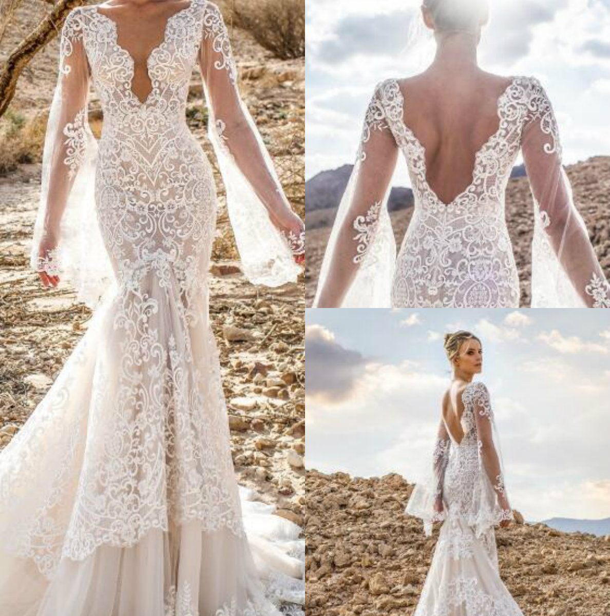 

Lian Rokman Mermaid Wedding Dresses 2019 V Neck Backless Wedding Gowns Appliqued Robe de mariée Sweep Train Bridal Dress, White