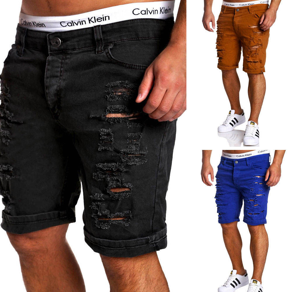 

Mens Denim Shorts Slim Regular Casual Knee Length Short Hole Jeans Shorts For Men 2017 New Summer White Blue, Coffee