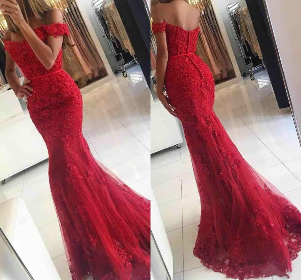 

2018 Sexy Off Shoulder Lace Applique Prom Dresses Mermaid Burgundy Long Evening Dresses Open Back Party Pageant Gowns Cheap Evening Gowns, Ivory