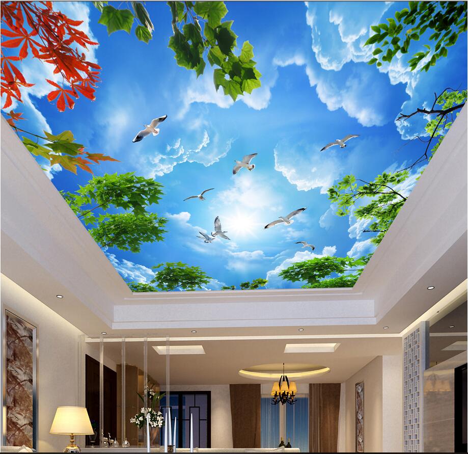 

3d ceiling murals wallpaper custom photo non-woven murals wallpaper for walls 3 dBeautiful blue sky and white clouds branches living room, Picture shows