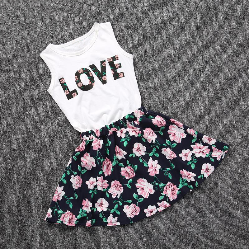 

charm Baby Girls Clothes LOVE Tops + Flower skirt 2pcs Pretty Flowered Cotton Kids Sets Summer Children Girl Clothing Set, White