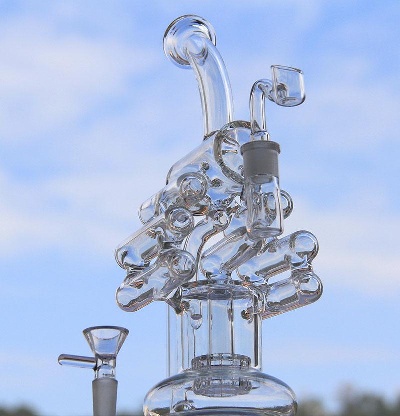 

New arrival two function water pipes glass bongs glass bubbler Violin Recycler with tyre perc 14.4mm female joint