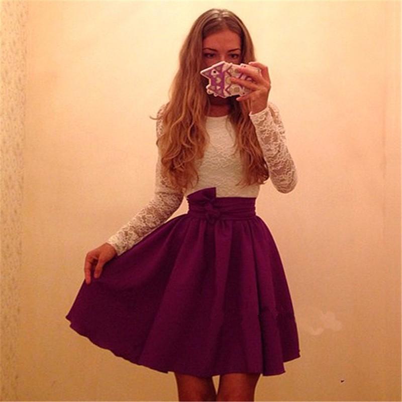 

2017 autumn fashion new women white lace patchwork dress casual o-neck long sleeved dresses red green party dress Robe Vestidos