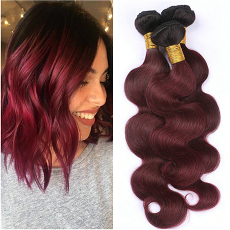 

Malaysian Wine Red Ombre Human Hair Wefts 3Pcs Body Wave Wavy #1B/99J Black and Burgundy 2Tone Ombre Virgin Human Hair Weave Bundles