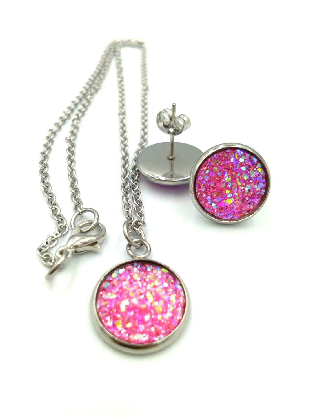 New Bohemian Natural Stone necklace Earrings set druzy Resin Crystal Druzy stud Earrings For Women Luxury Jewelry-image-414439163