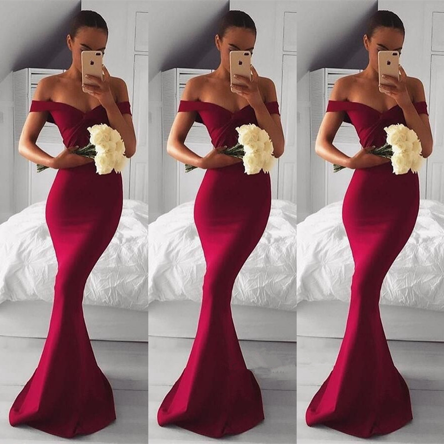 

2018 Elegant Off The Shoulder Satin Mermaid Long Bridesmaid Dresses Ruched Floor Length Bridesmaid Dress Wedding Guest Evening Party Dresses