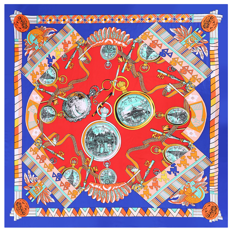 

New Twill Silk Square Scarf Women Shawls Timepiece Printing Neckerchief Fashion Ladies Scarves Female Foulard Wraps Large Stoles 110cm*110cm