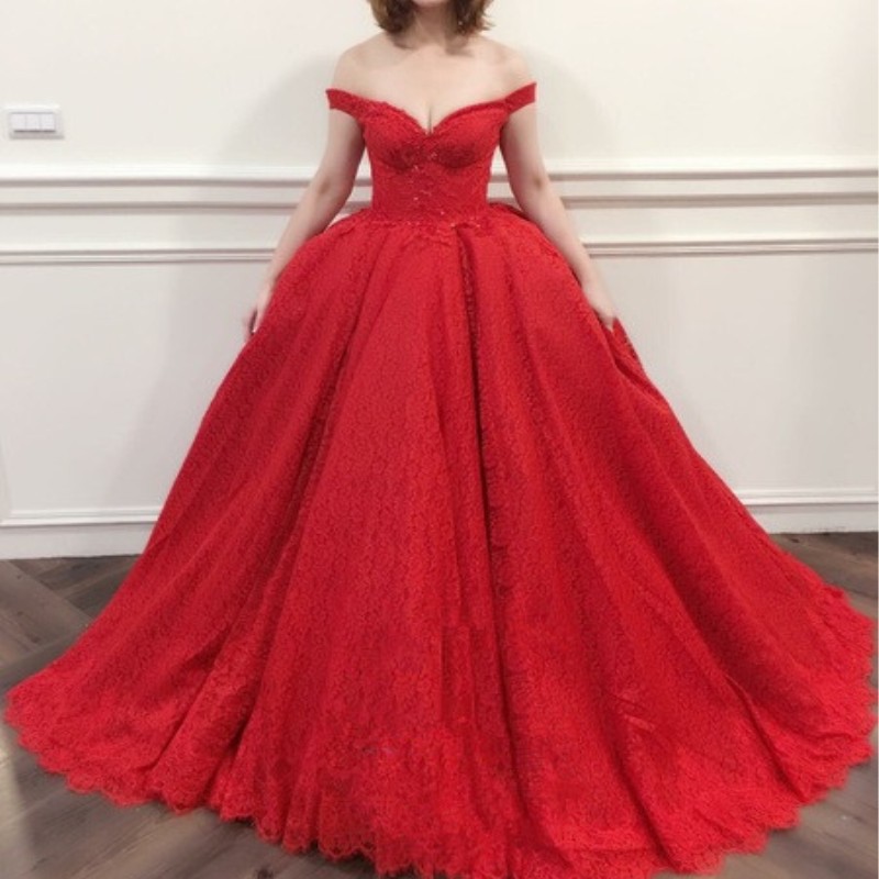 Robe de bal en dentelle rouge Robe de soirée sexy de Noiva Appliques en dentelle longue Robe de soirée 2018 Robe de soirée sans manches à l'épaul
