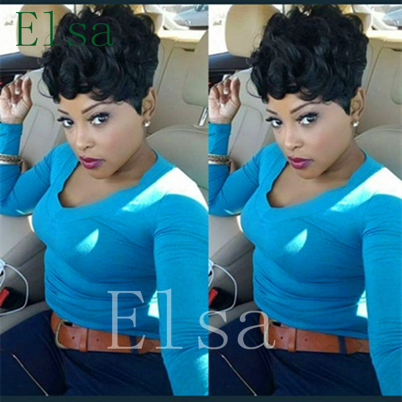 

Human hair wigs for black women full Machine made curly style pixie cut short wave glueless None lace wigs