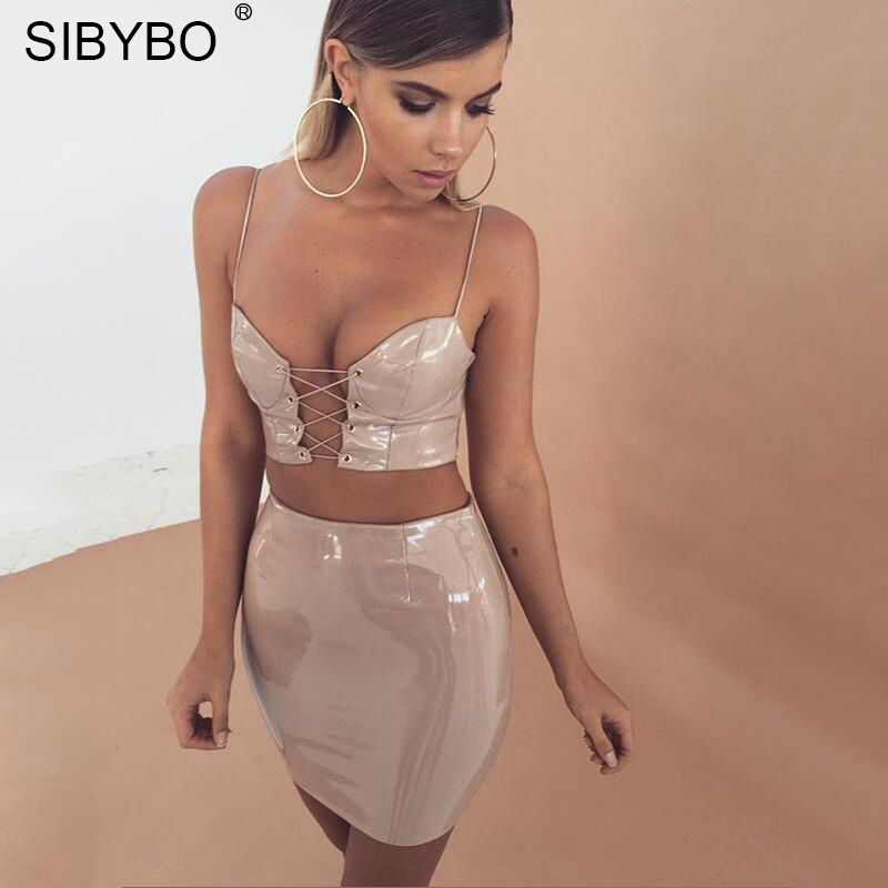 Sibybo Sexy PU Lace Up Cross Bandage Dress Women Long Sleeve Hollow Out Two Piece Dress Set Party Bodycon Mini Vestidos
