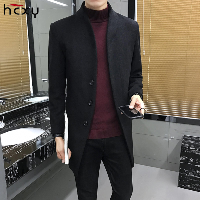 

2017new Men's woolen jacket men Solid color all-match trend coat long windbreaker autumn winter male busines parkas, Coffee