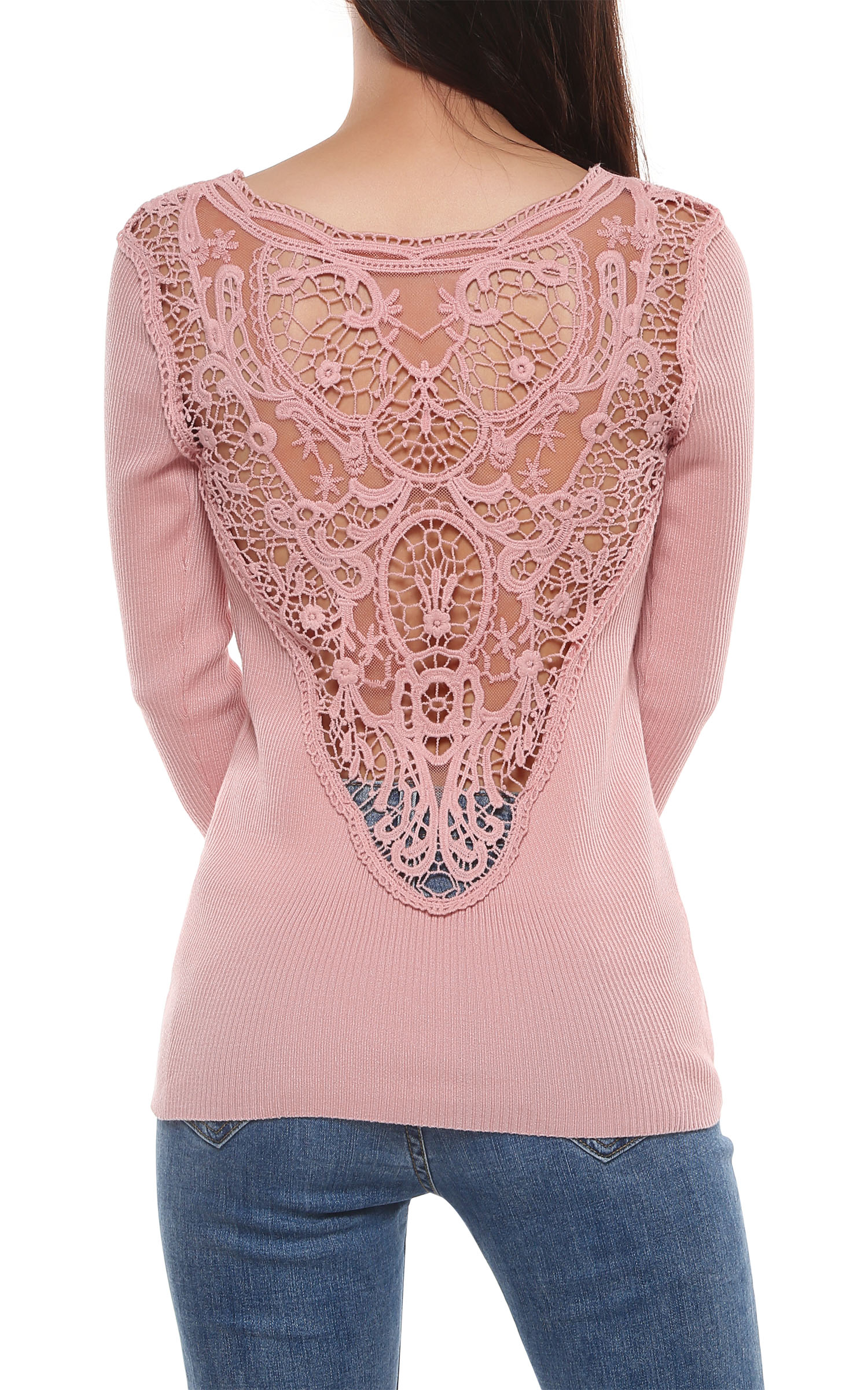 

Sexy Women Lace Patchwork Sweater Hollow Out Back V-Neck Sweater Spring Ladies Long Sleeve Solid Slim Pullover Autumn Pull Femme, Black