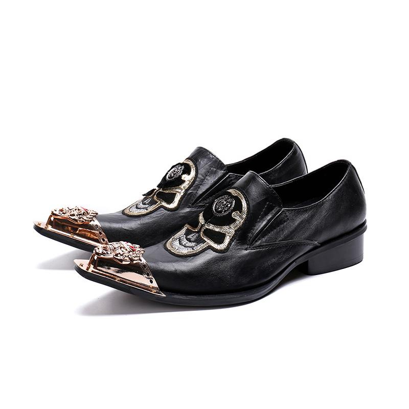 

Plus Size Italian Designer Pointed Toe Man Formal Dress Footwear Genuine Leather Slip on Metal Trim Men's Skull Punk Shoes SL284, Black
