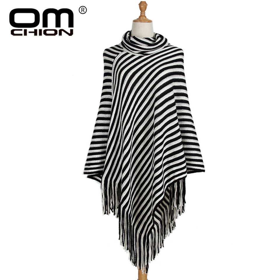 

OMCHION Vintage Black And White Striped Tassel Poncho 2018 New Autumn Turtleneck Sweater Women Irregular Casual Pullover QMY63