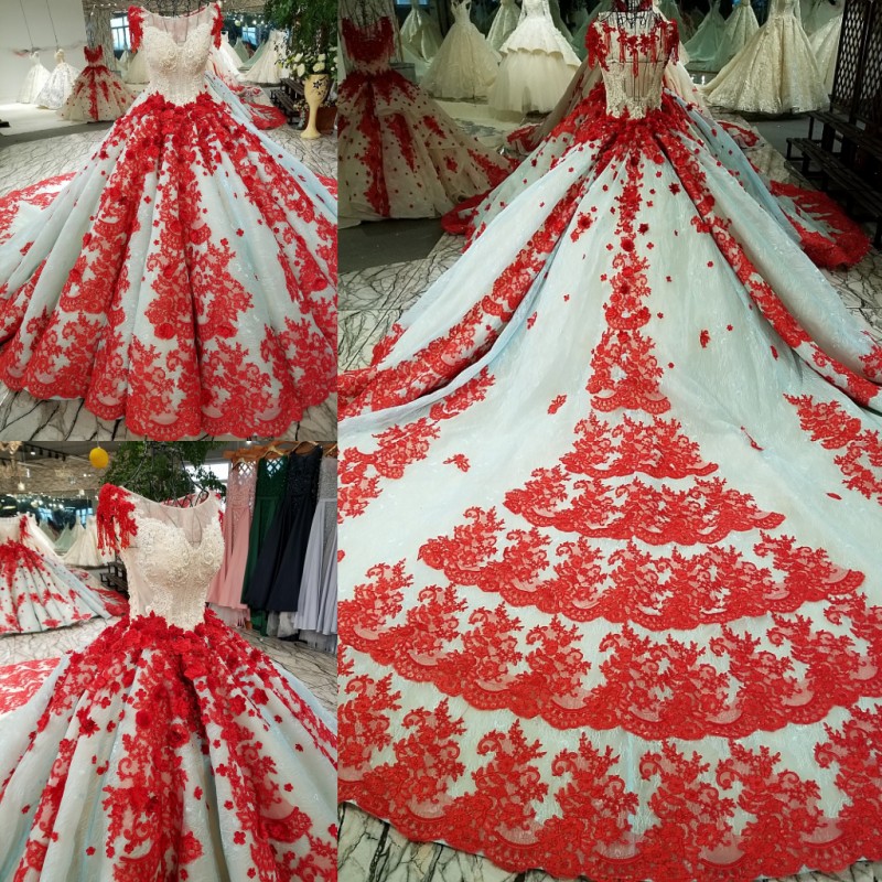 

China Ivory/Red Scoop Lace Applique Beads Ball Gown Wedding Dresses Bridal Dresses Events Dresses Custom Size 6 8 10 12 W307095, Same as image