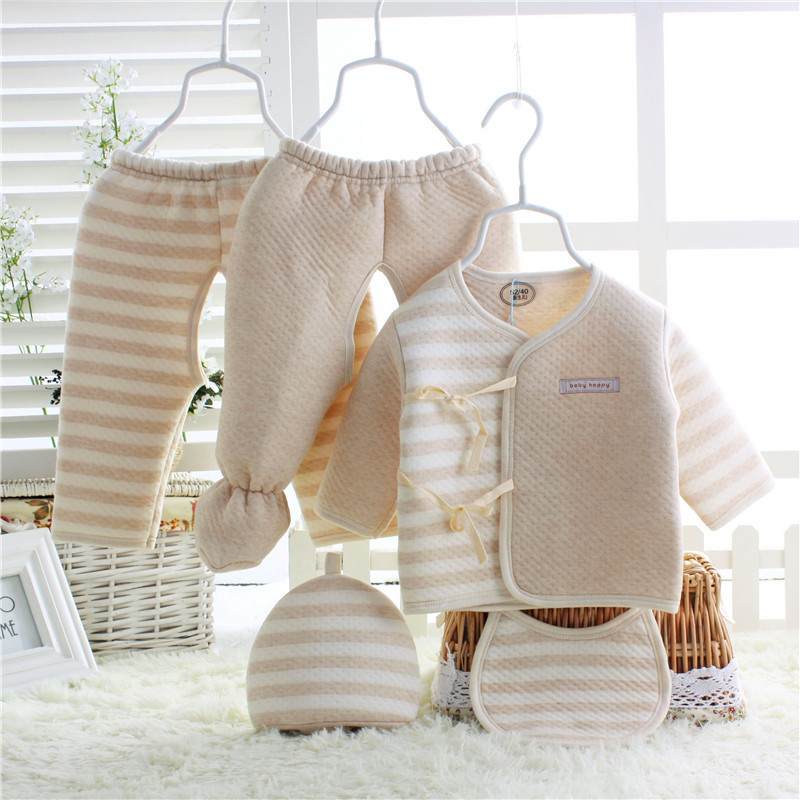 

5pcs newborn clothing warm striped baby boys girls clothes 100 color organic cotton super soft inc 1 top 2 pants 1 bib and 1 hat, As pic show