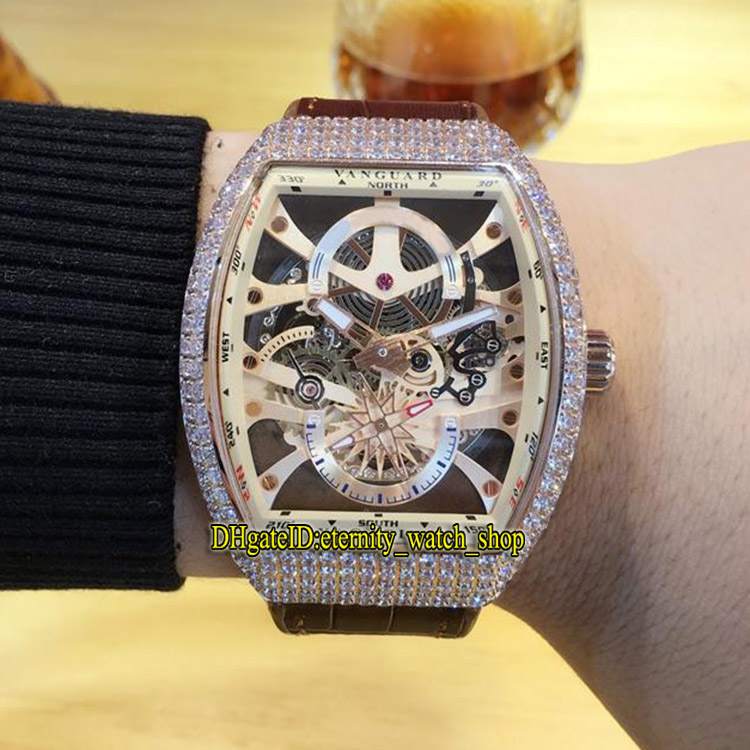 

High-quality Luxry MEN'S COLLECTION VANGUARD V 45 S6 SQT NR BR (NR) Skeleton Dial Automatic Mens Watch Rose Gold Diamonds Case Leather Strap, Fm-o02 (8)