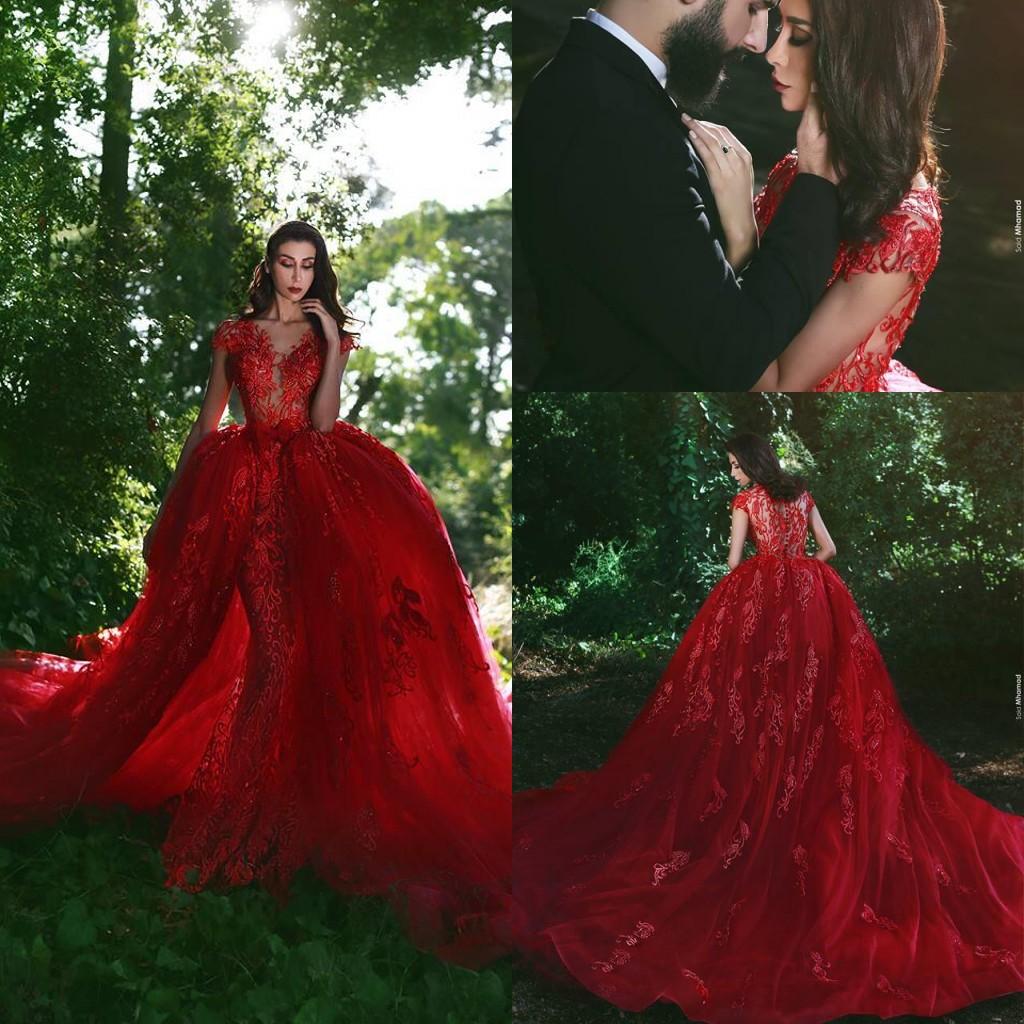 

2019 Fairy Red Evening Dresses V Neck Short Sleeves Overskirts Train Sheer Applique See Through Party Mermaid Prom Gowns
