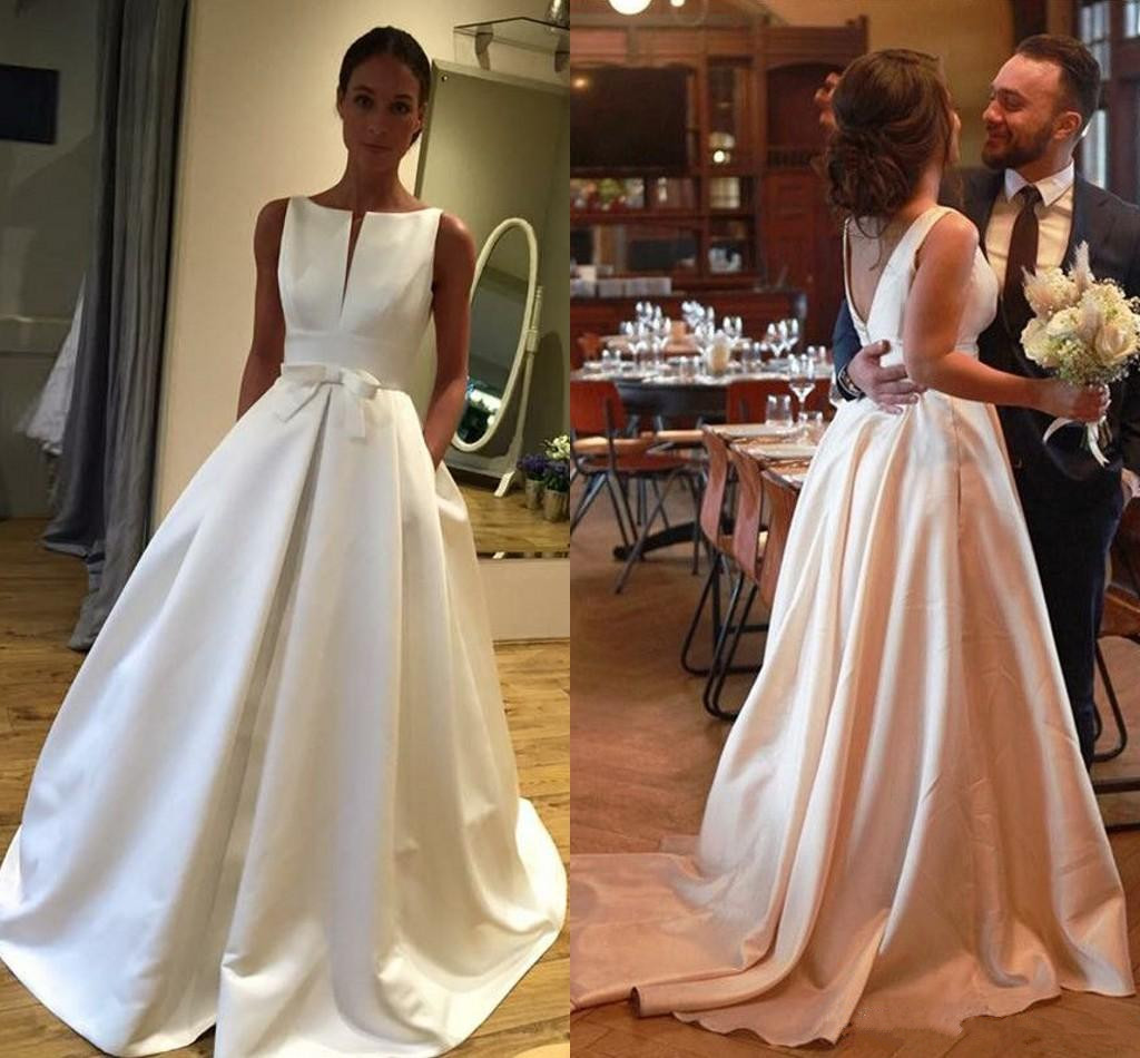 

Simple Satin A Line Wedding Dresses Deep V Neck Backless Wedding Guest Dress Custom Made Cheap Bridal Dress Wedding Gowns, Ivory