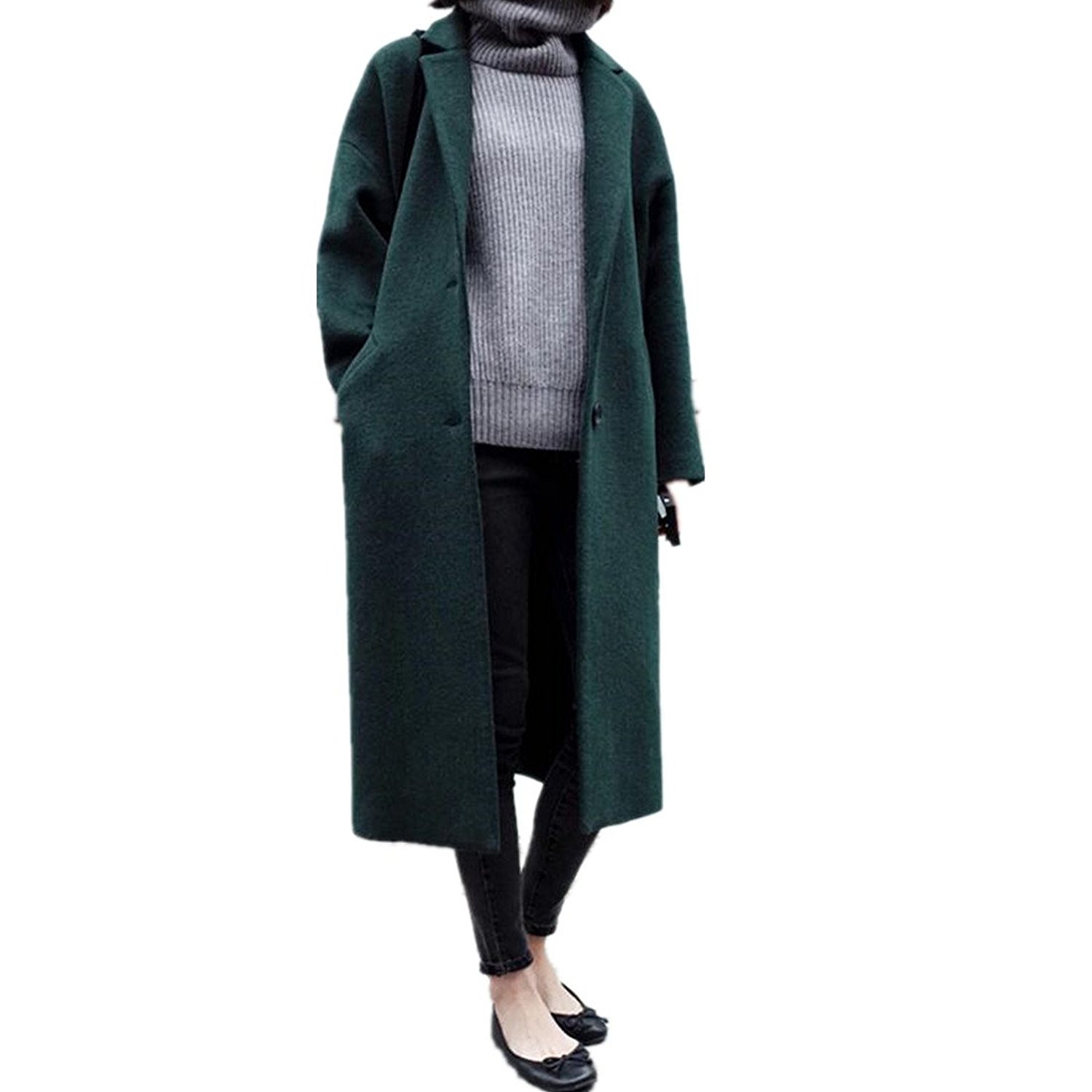

ForeMode Women Winter Single-breasted Long Wool Coat, Green