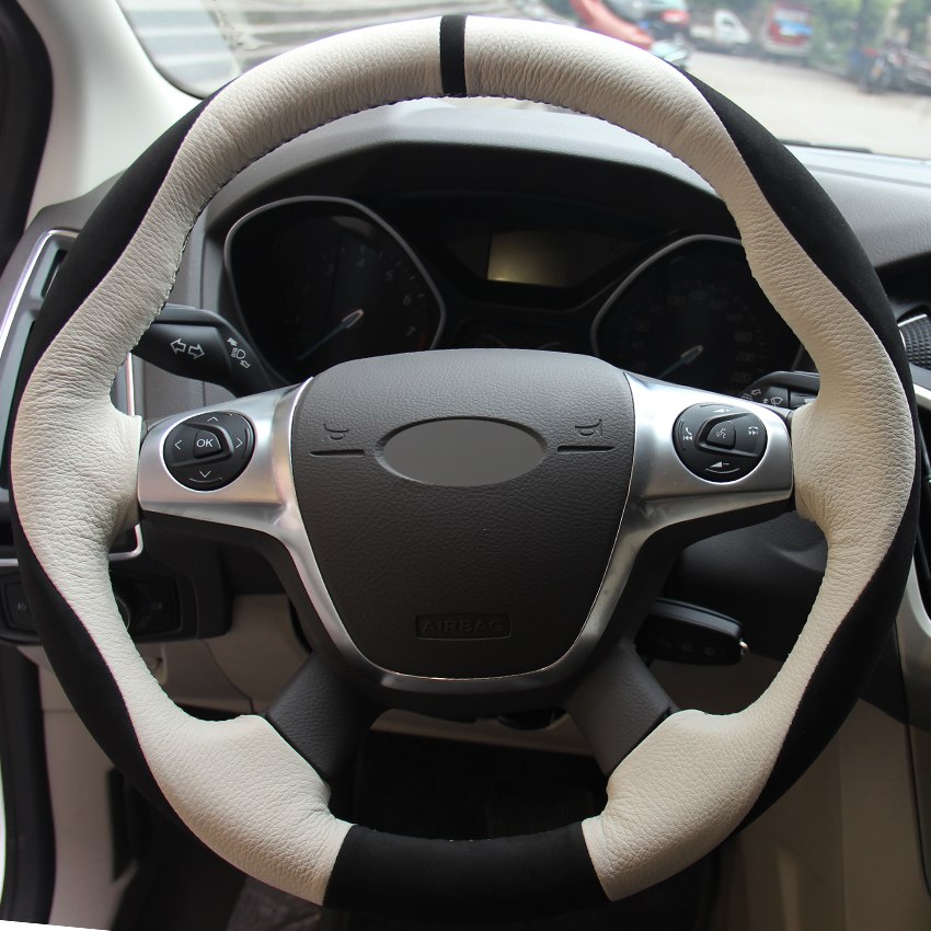 White Genuine Leather Black Suede Car Steering Wheel Cover for Ford Focus 3 2012-2014 KUGA Escape 2013-2016-image-430759278