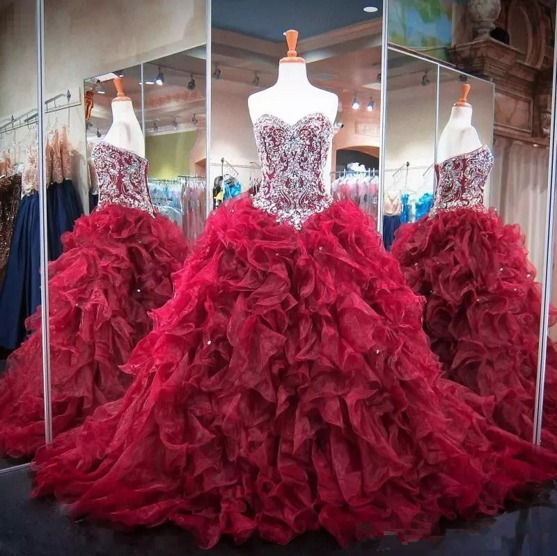 

2020 Bling Burgundy Quinceanera Ball Gown Dresses Sweetheart Beading Crystal Tiered Ruffle Organza Open Back Formal Party Prom Evening Gowns, Same as picture