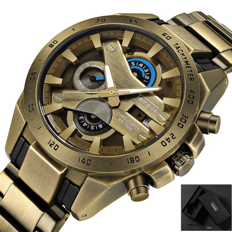 

New Sport Men Watch Multifunction Military Mens Watches Stainless Steel Waterproof Quartz Wristwatch Chronograph Relogio With Gift Box, Multi-color