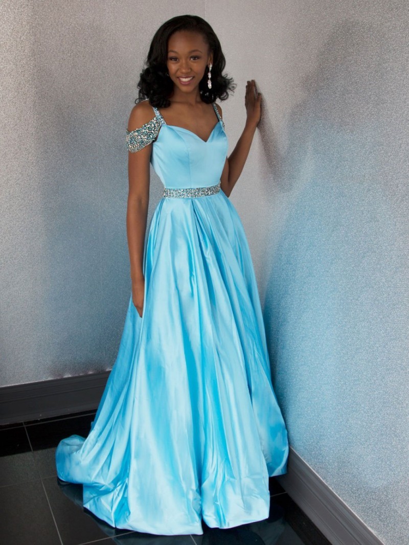 

Gorgeous Off The Shoulder Prom Dresses Spaghetti Straps Crystal Beaded Satin Floor Length Backless Ice Blue Party Dresses Sweep Train, Champagne