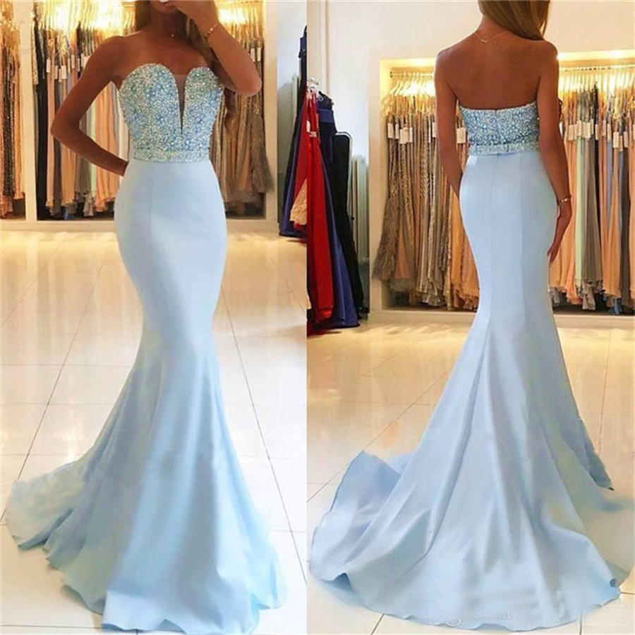 Sexy Light Blue Rhinestones Sleeveless Sash Satin Bridesmaid Prom Dresses Plus Size Sweetheart Mermaid Evening Dresses