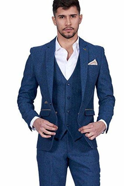 

Winter Fashion Blue Tweed Groom Tuxedo Excellent Man Blazer Notch Lapel One Button Men Business Dinner Prom Suit(Jacket+Pants+Tie+Vest) 175, Same as image