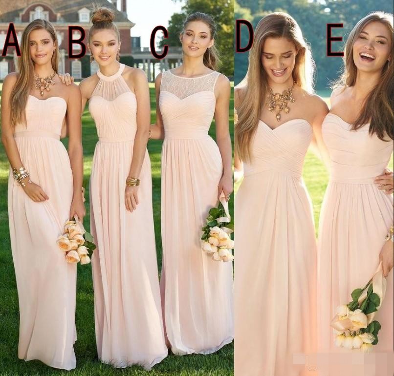 

2020 Cheap Long Bridesmaid Dresses Mixed Neckline Flow Chiffon Summer Blush Bridesmaid Formal Prom Party Dresses with Ruffles
