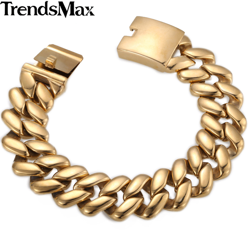 Trendsmax 20mm Heavy Gold-color Rhombic Curb Cuban Link Mens Chain Boys 316L Stainless Steel Bracelet 7-11inch HB252