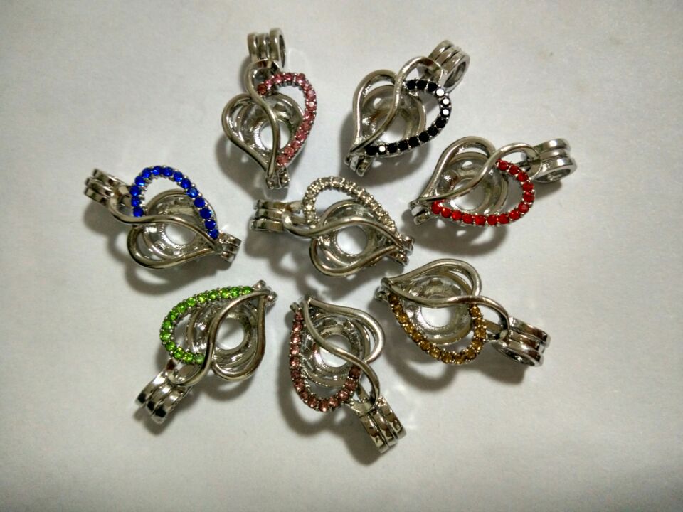 

Romantic Sliver Heart Shape Cage Pendant for Woman Oyster Pearl Jewelry DIY Colorful Rhinestone Heart Cages 8 Styles CM017