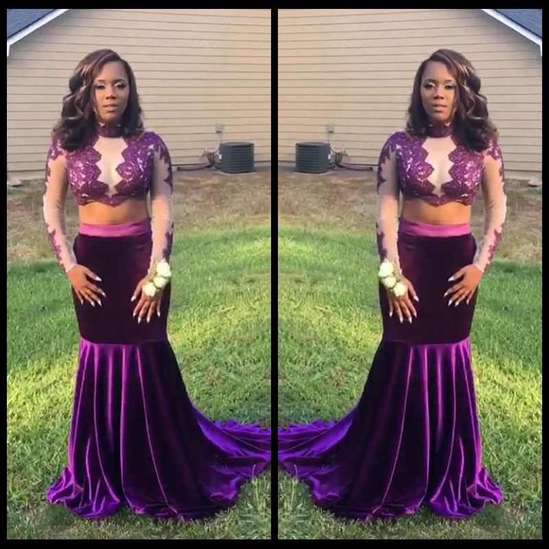 

2018 Sexy Two Piece Prom Dresses Long Sleeve Purple Velvet Evening Dress Long Evening Gowns Lace Party Dress, Dark red