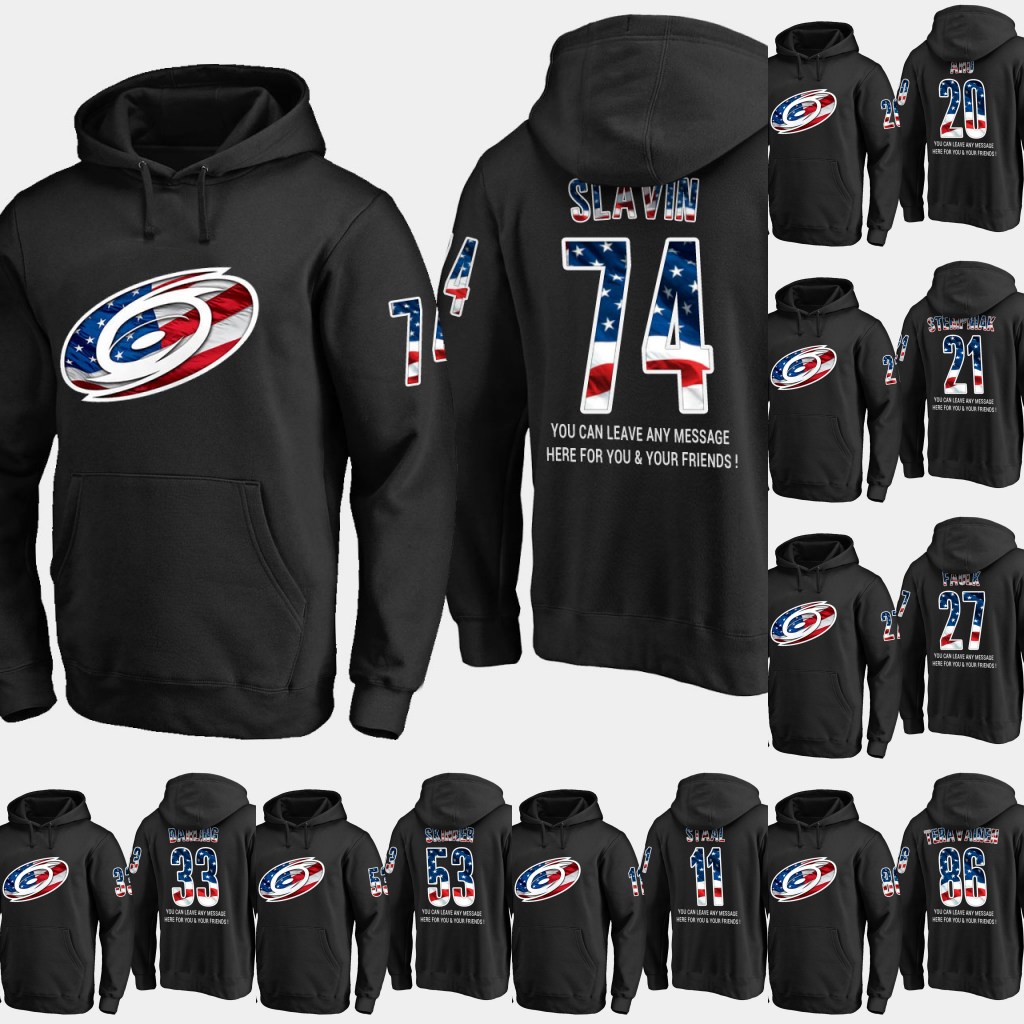 

Mens Carolina Hurricanes USA Flag Hoodie 64 Clark Bishop 37 Andrei Svechnikov 20 Sebastian Aho Hockey Sweatershirt Jerseys Black S-XXXL, Black;red
