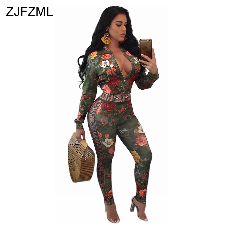

ZJFZML New arrive best quality 2017 casual two piece set women deep v neck full sleeve jacket and sexy green flower print pant