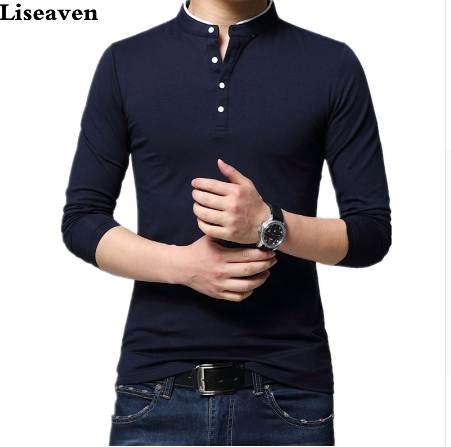 

Liseaven Tshirt Men Solid Color Slim Fit Long Sleeve T Shirt Men Mandarin Collar Casual T-Shirts Tops & Tees