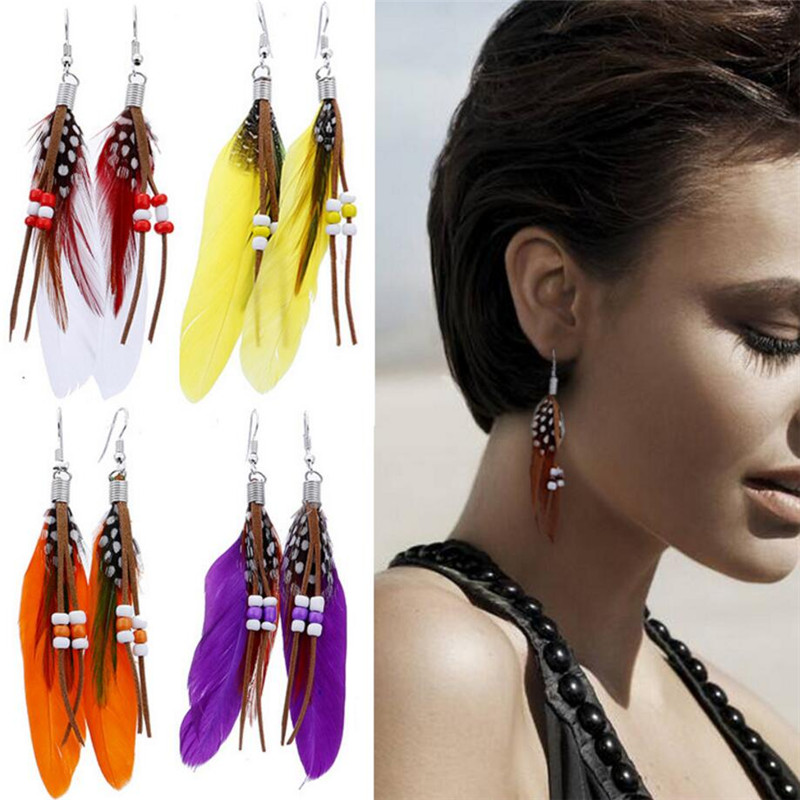 Boucles d'oreilles en plumes de style bohémien pour femmes, Design Long, attrape-rêves, pendantes, bijoux cadeau, nouvelle collection