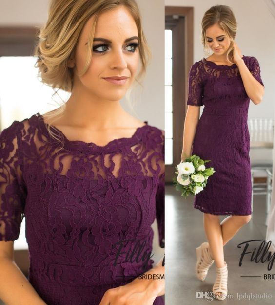 

Grape Lace Bridesmaid Dresses Knee Length Cheap Plus Size Wedding Party Dress Zipper Back Cheap Summer Style