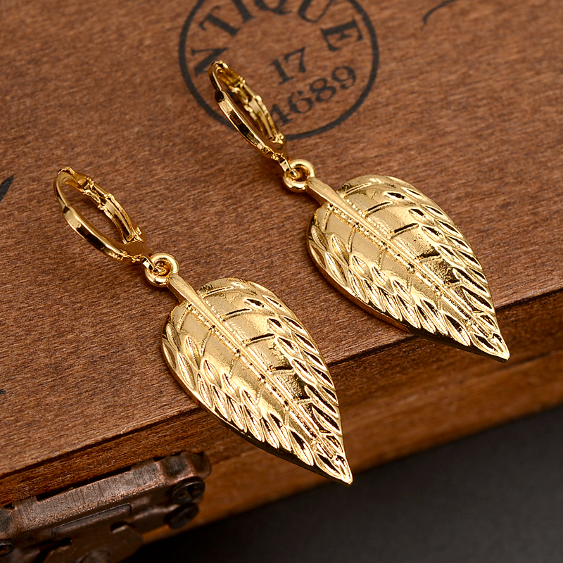 

Statement 18k Yellow Solid Fine Gold GF Leaves Drop Earrings dubai india gold Pendientes Mujer Jewelry Long Dangle Earrings, Silver
