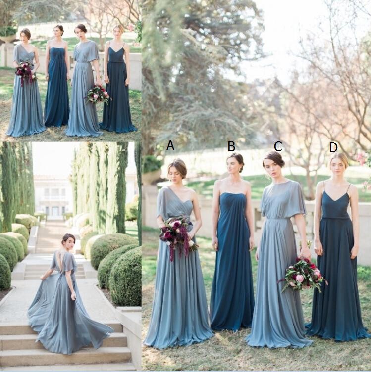

Bohemian Boho Mismatched Gray Blue Long Bridesmaid Dresses 2018 Chiffon Floor Length Elegant Maid of Honor Dress BA7218